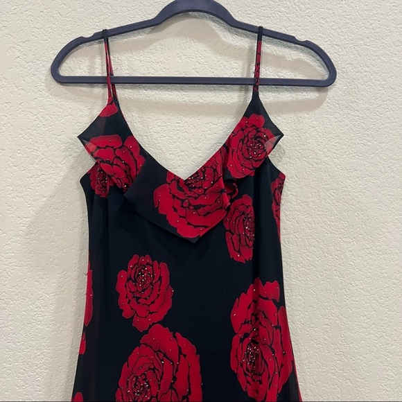 VTG Betsy & Adam Sz 10 Black Red V Neck Floral Sequin Side Slit Gown Dress Prom - Picture 2 of 11